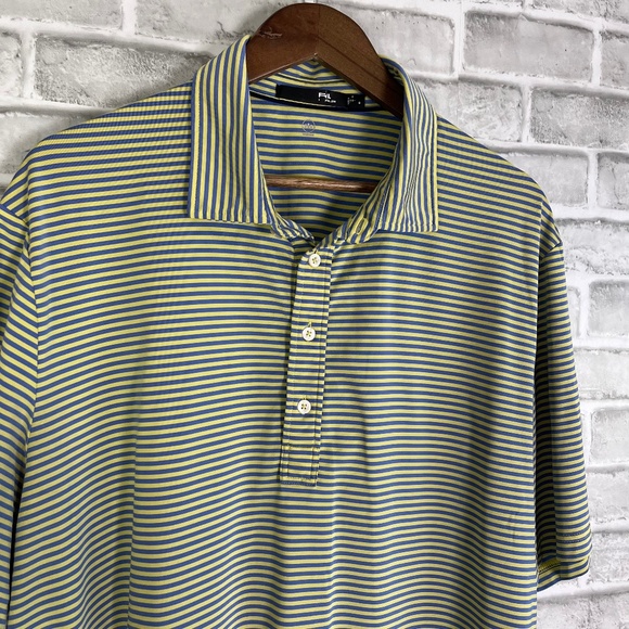 RLX Ralph Lauren Steel Blue & Yellow Striped Performance Golf Polo Mens Large - Picture 1 of 6